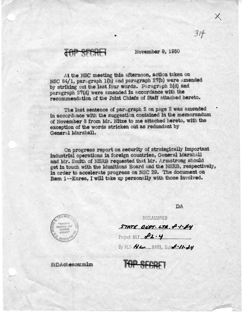 Memorandum of conversations and actions at national security council