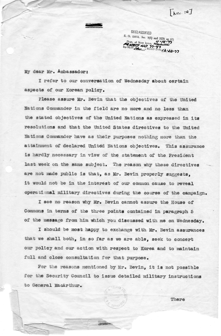 Letter from Dean Acheson to Sir Oliver Franks