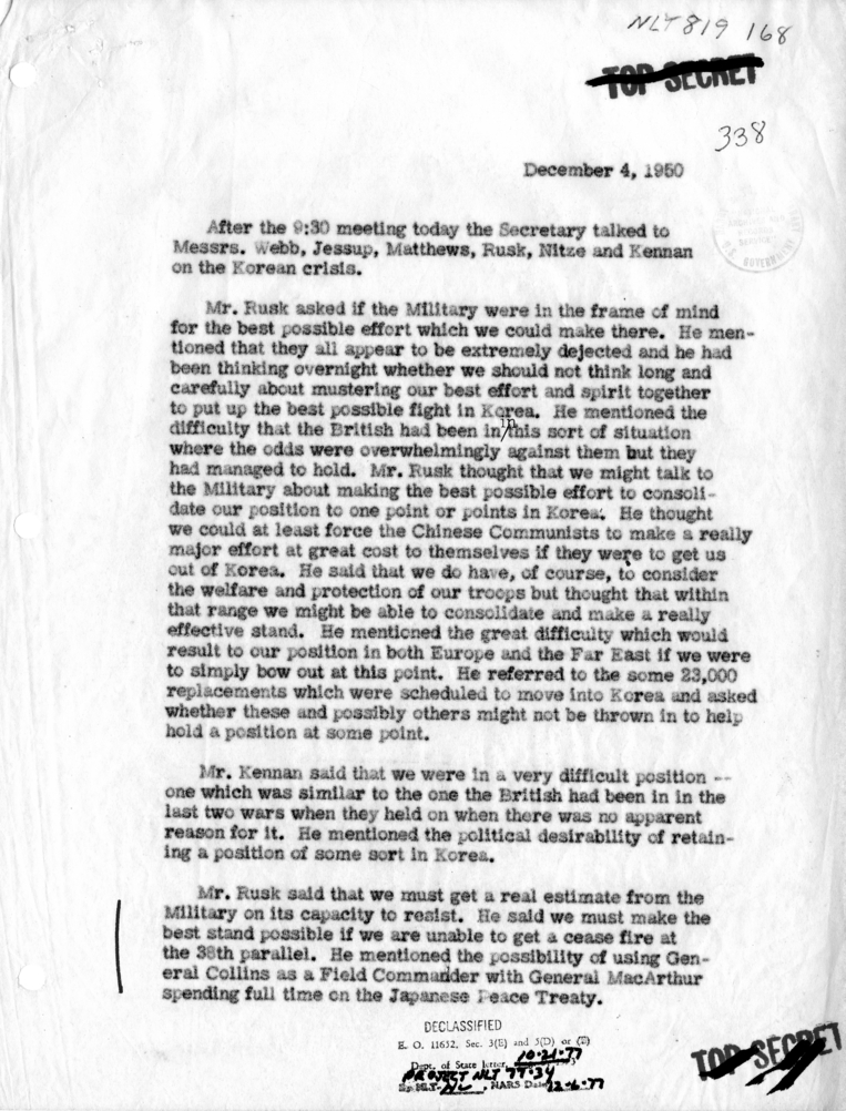 Memorandum of Conversation with James Webb, Philip Jessup, H. Freeman Matthews, Dean Rusk, Paul Nitze and George Kennan