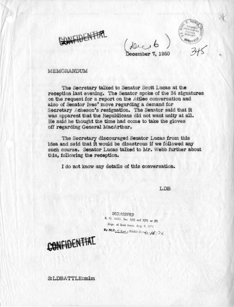 Memorandum of Conversation with Senator Scott Lucas