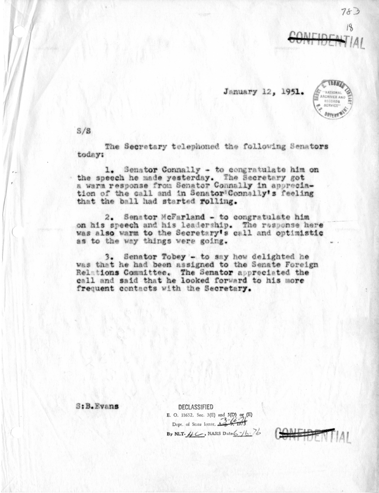 Memorandum of Telephone Conversations with Senators Tom Connally, Ernest McFarland and Charles Tobey