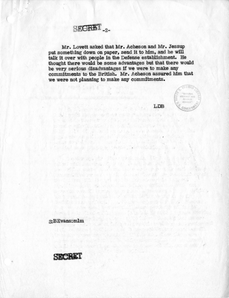Memorandum of Telephone Conversation with Deputy Secretary of Defense Robert Lovett