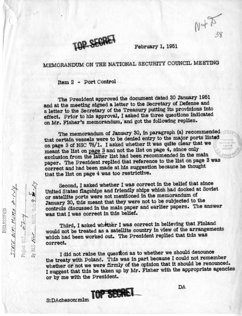 Memorandum on the National Security Council Meeting
