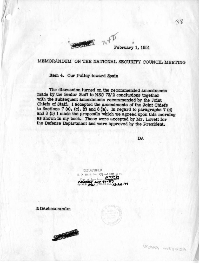Memorandum on the National Security Council Meeting