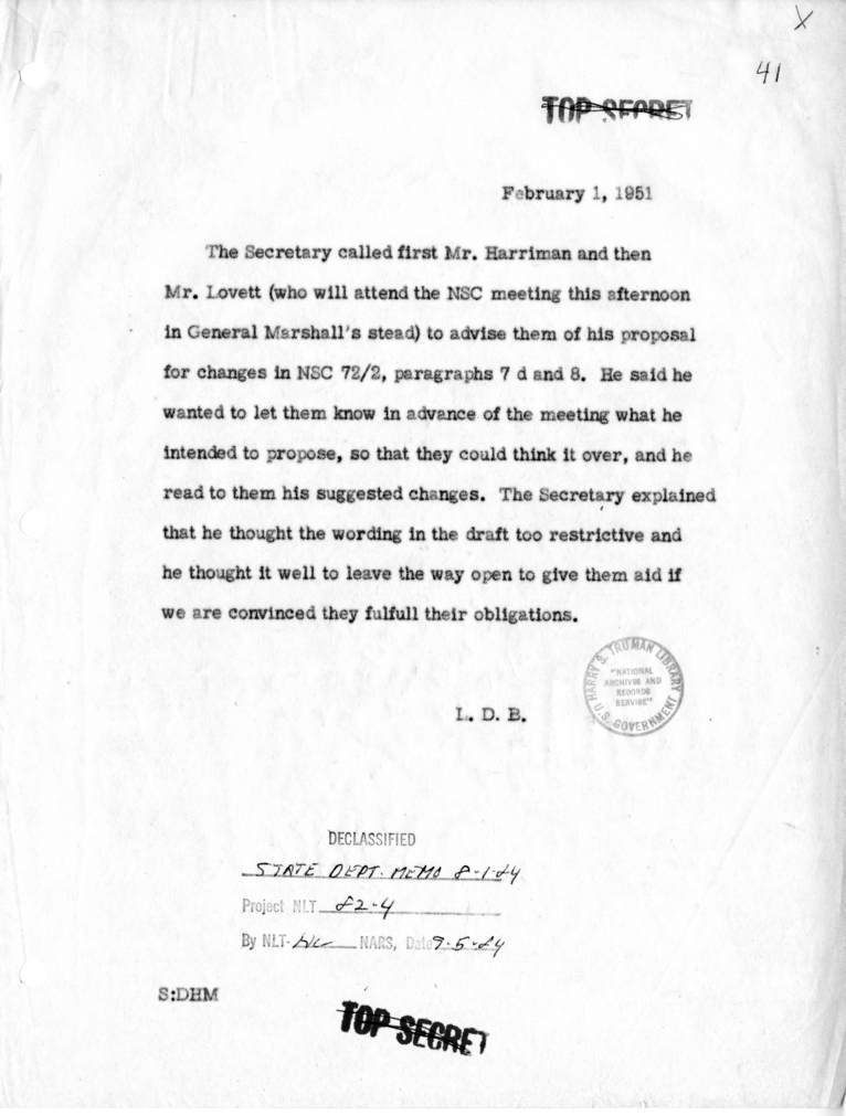 Memorandum of Telephone Conversations with W. Averell Harriman and Deputy Secretary of Defense Robert Lovett