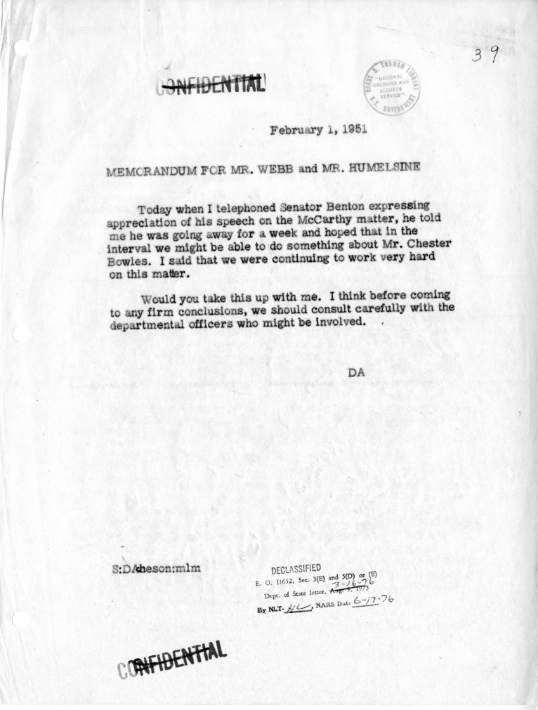 Memorandum to Under Secretary of State James E. Webb and Carlisle H. Humelsine