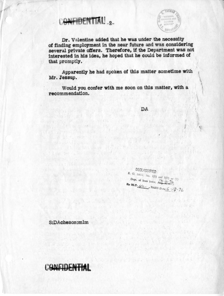 Memorandum for Under Secretary of State James E. Webb and Carlisle H. Humelsine