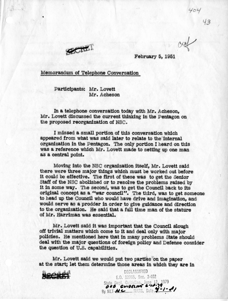 Memorandum of Telephone Conversation with Deputy Secretary of Defense Robert Lovett