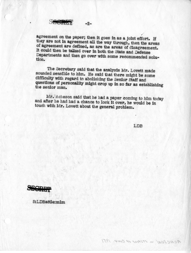 Memorandum of Telephone Conversation with Deputy Secretary of Defense Robert Lovett