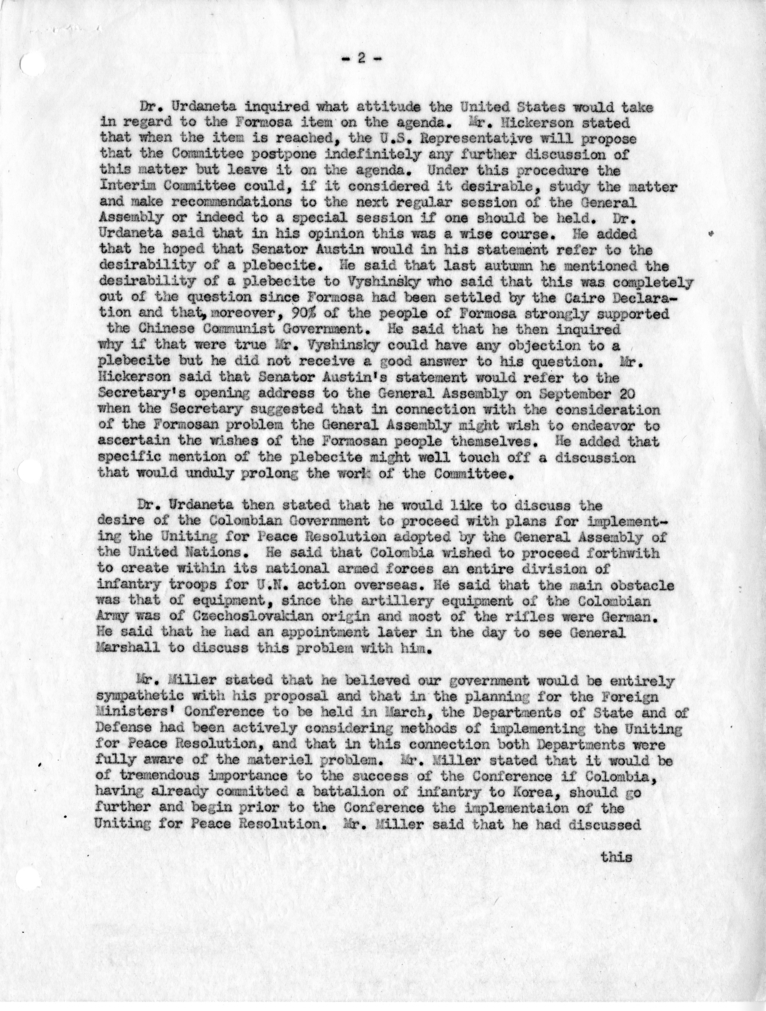 Memorandum of Conversation with Dr. Roberto Urdaneta, Minister of War of Columbia and Dr. Don Eduardo-Angel, Ambassador of Columbia