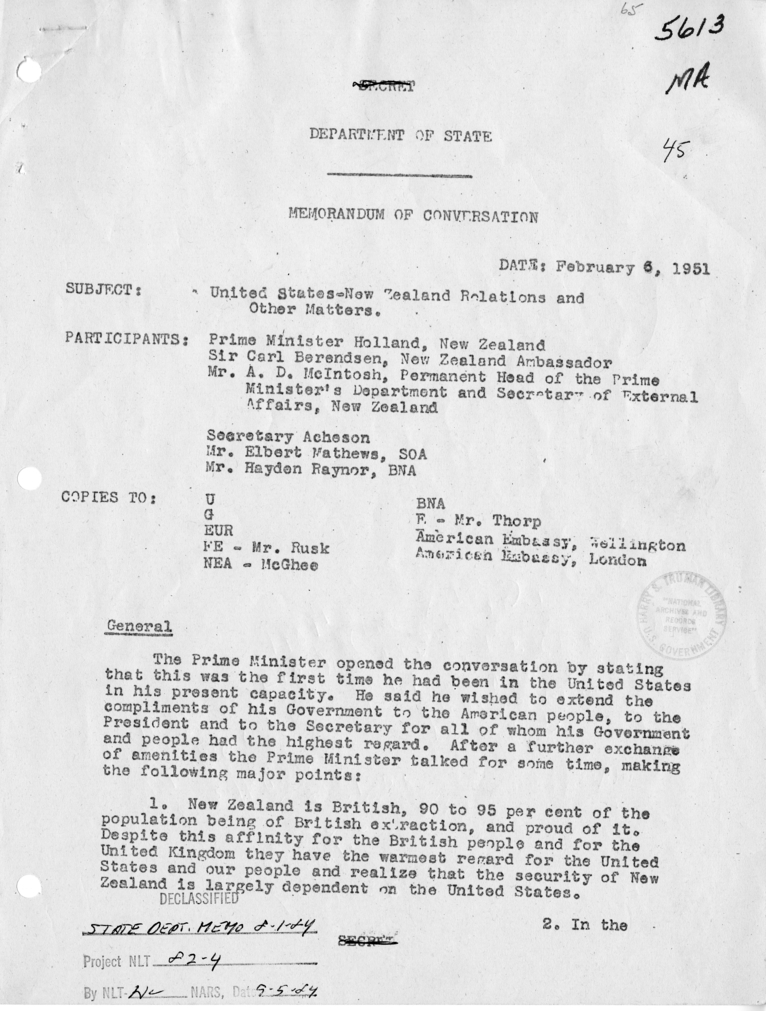 Memorandum of Conversation with Delegation from New Zealand, Elbert Mathews, and G. Hayden Raynor