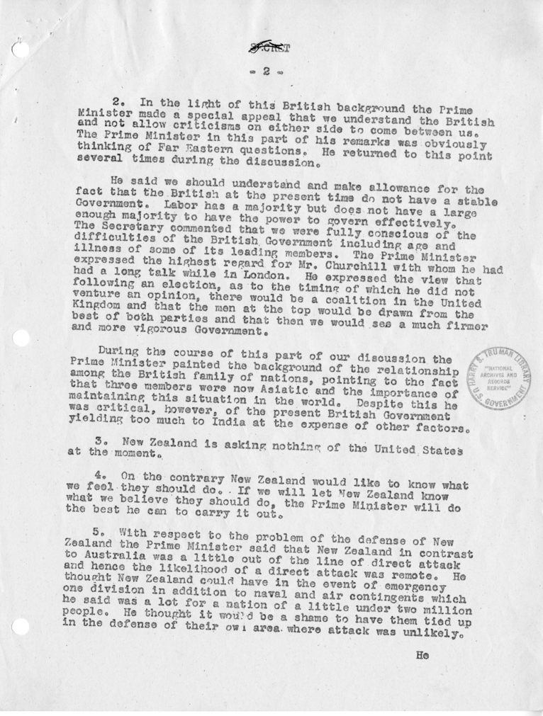 Memorandum of Conversation with Delegation from New Zealand, Elbert Mathews, and G. Hayden Raynor