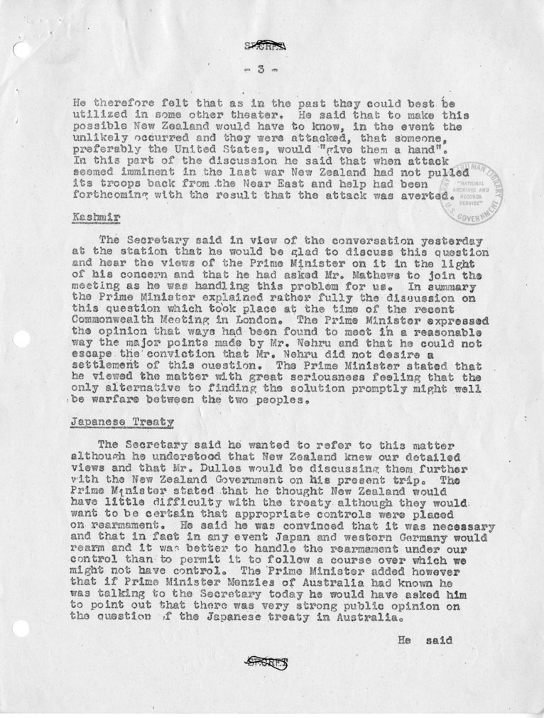 Memorandum of Conversation with Delegation from New Zealand, Elbert Mathews, and G. Hayden Raynor