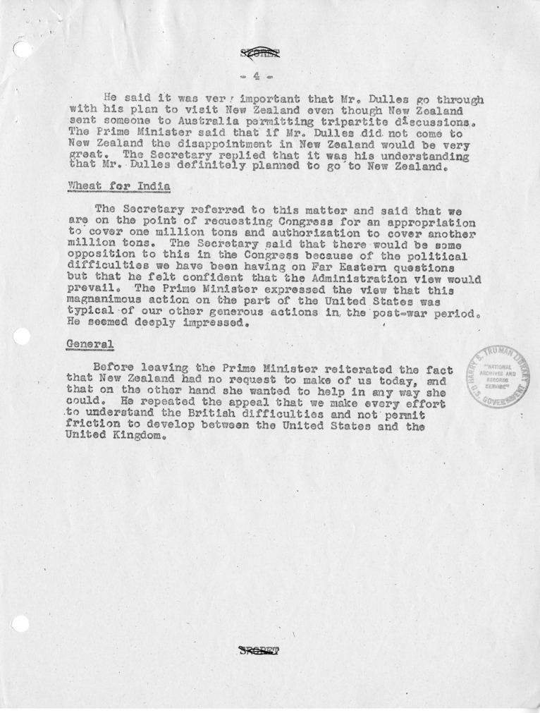 Memorandum of Conversation with Delegation from New Zealand, Elbert Mathews, and G. Hayden Raynor