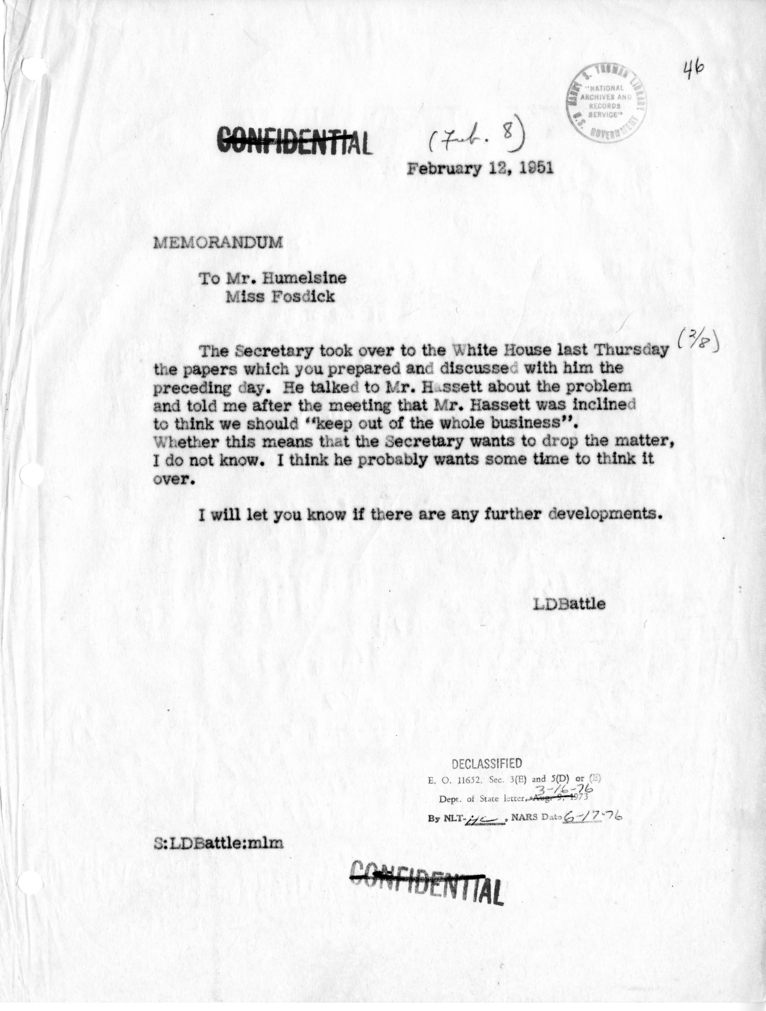 Memorandum from Lucuis D. Battle to Carlisle Humelsine and Miss Fosdick