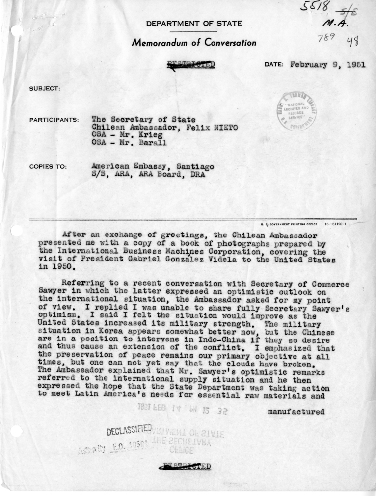 Memorandum of Conversation with Ambassador Felix Nieto of Chile, William Krieg, and Mr. Barall