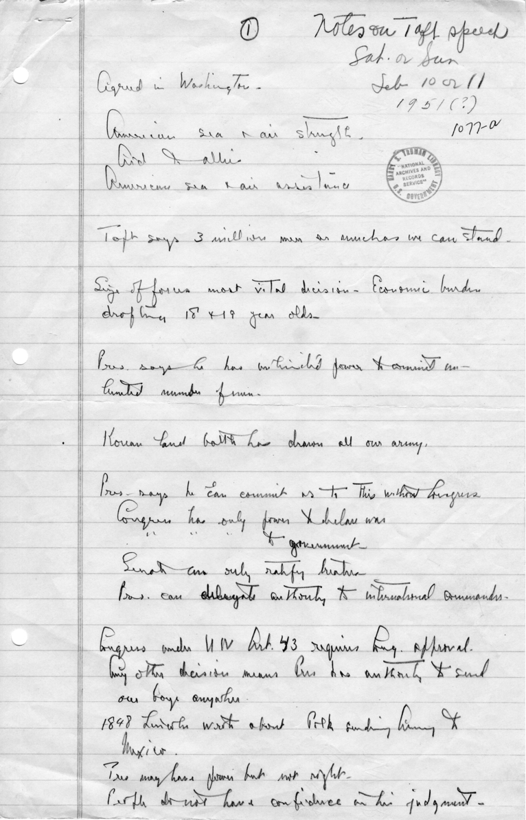 Handwritten Notes by Dean G. Acheson Regarding Speech by Senator Robert Taft