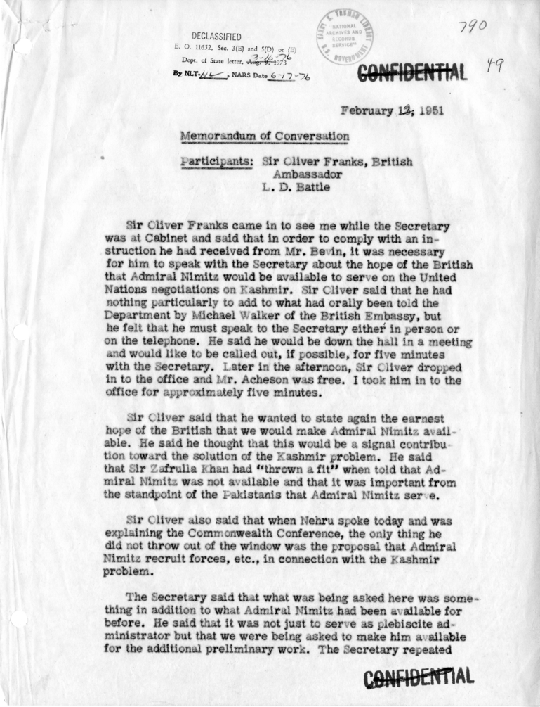 Memorandum of Conversation with Ambassador Sir Oliver Franks of Great Britain and Lucius D. Battle