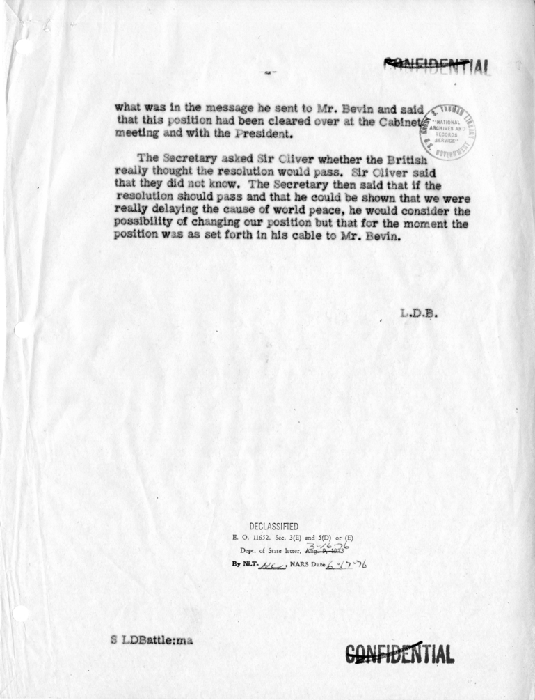 Memorandum of Conversation with Ambassador Sir Oliver Franks of Great Britain and Lucius D. Battle