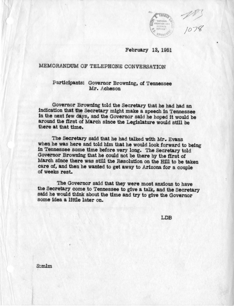 Memorandum of Telephone Conversation with Governor Gordon Browning of Tennessee