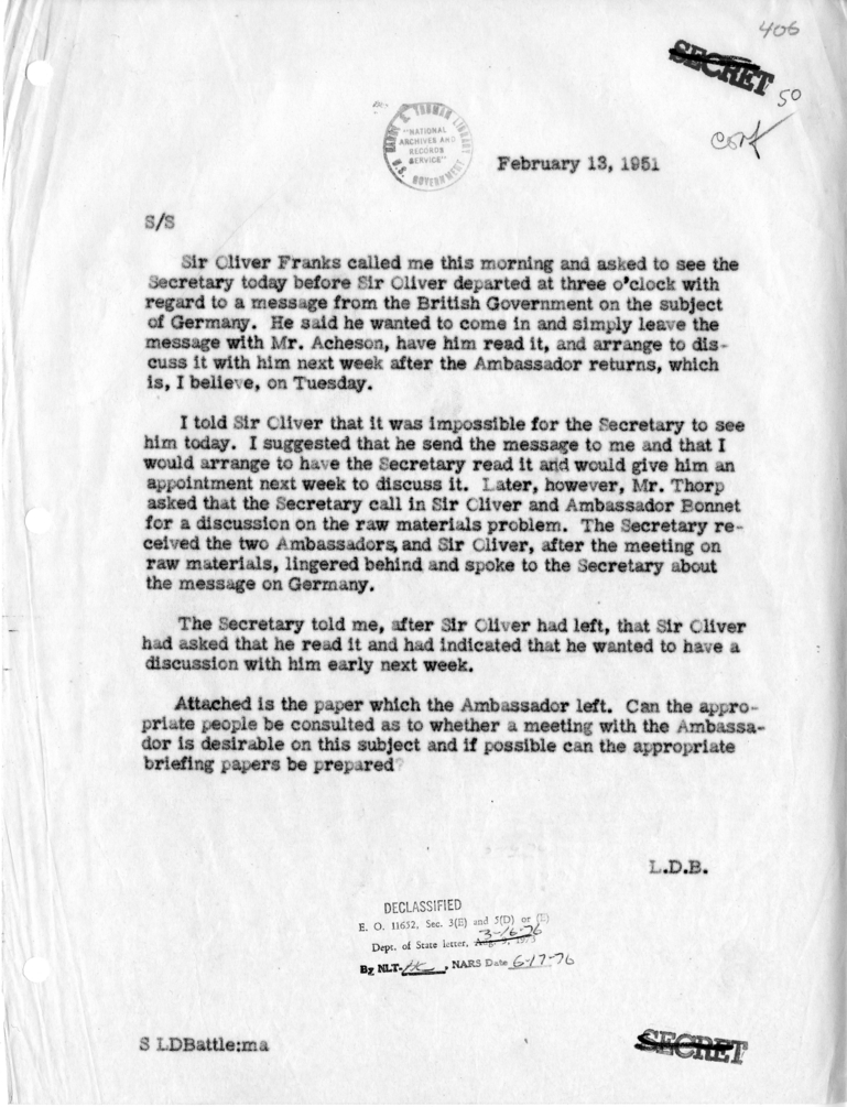 Memorandum of Telephone Conversation with Ambassador Sir Oliver Franks of Great Britain