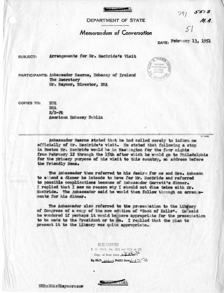 Memorandum of Conversation with Ambassador John J. Hearne of Ireland and G. Hayden Raynor