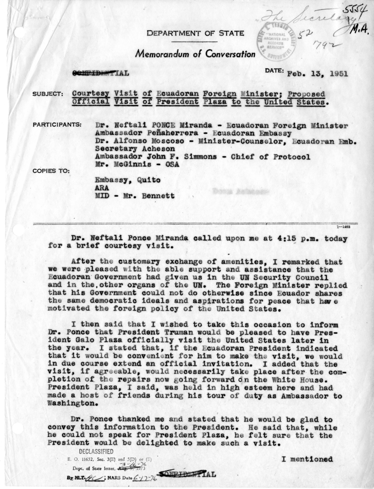 Memorandum of Conversation with Ambassador Don Luis Antonio Penaherrera of Ecuador, Foreign Minister Dr. Naftali Ponce Miranda of Ecuador, Minister-Counselor Dr. Alfonso Moscoso of the Embassy of Ecuador, John F. Simmons, and Edgar L. McGinnis