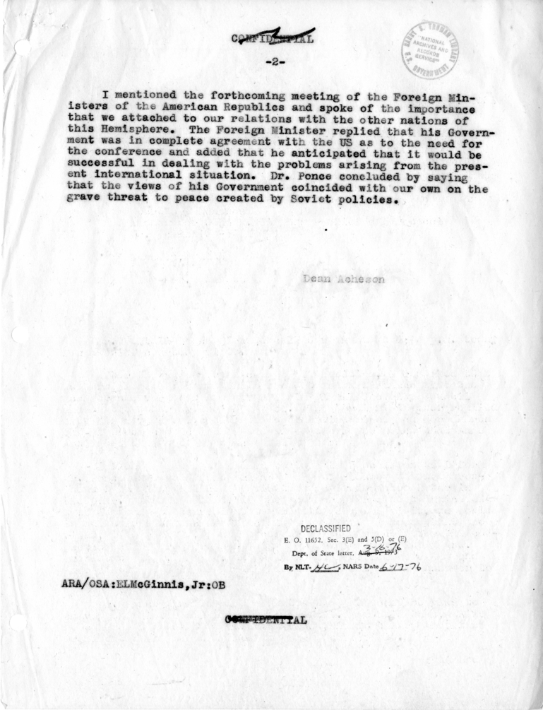 Memorandum of Conversation with Ambassador Don Luis Antonio Penaherrera of Ecuador, Foreign Minister Dr. Naftali Ponce Miranda of Ecuador, Minister-Counselor Dr. Alfonso Moscoso of the Embassy of Ecuador, John F. Simmons, and Edgar L. McGinnis