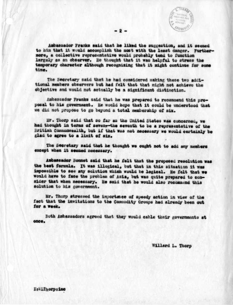 Memorandum of Conversation with Ambassador Sir Oliver Franks of Great Britain, Ambassador Henri Bonnet of France, Counselor of the Embassy of France Mr. de Margerie, and Mr. Willard L. Thorp