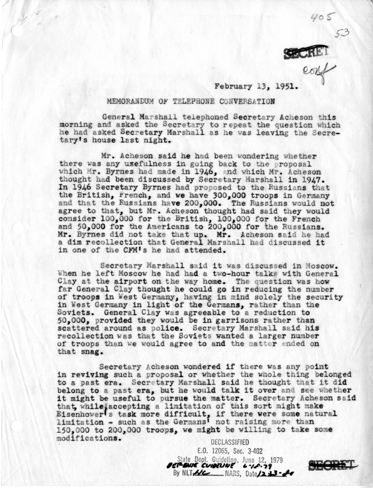 Memorandum of Telephone Conversation with Secretary of Defense General Geroge C. Marshall