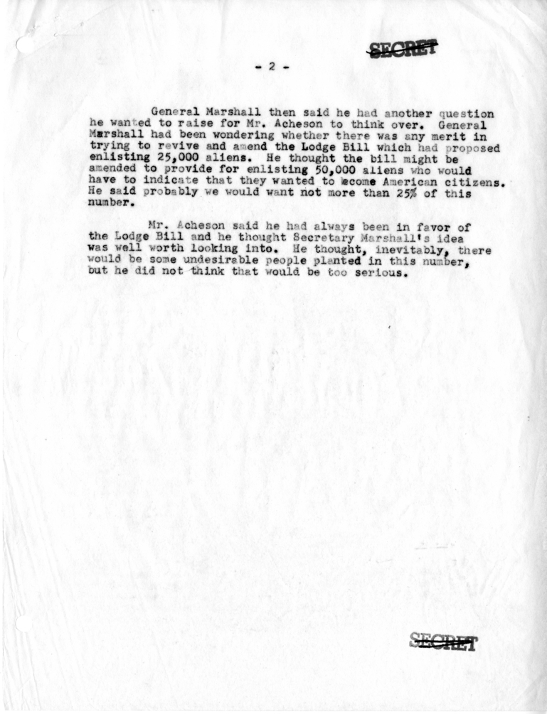 Memorandum of Telephone Conversation with Secretary of Defense General Geroge C. Marshall