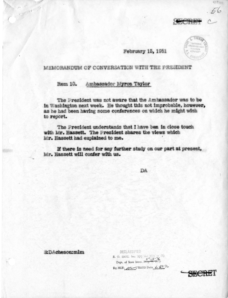 Memorandum of Conversation with the President