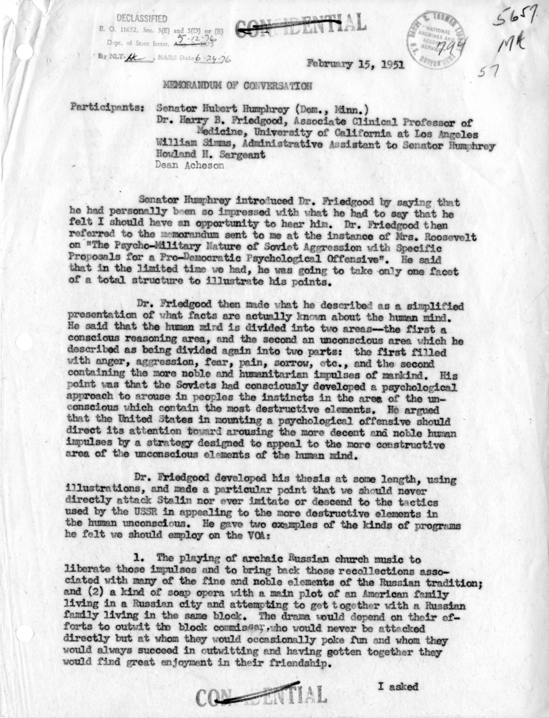 Memorandum of Conversation with Senator Hubert Humphrey; Dr. Harry B. Friedgood, Associate Clinical Professor of Medicine, University of California at Los Angeles; William Sims, Administrative Assistant to Senator Humphrey; and Howland H. Sargeant