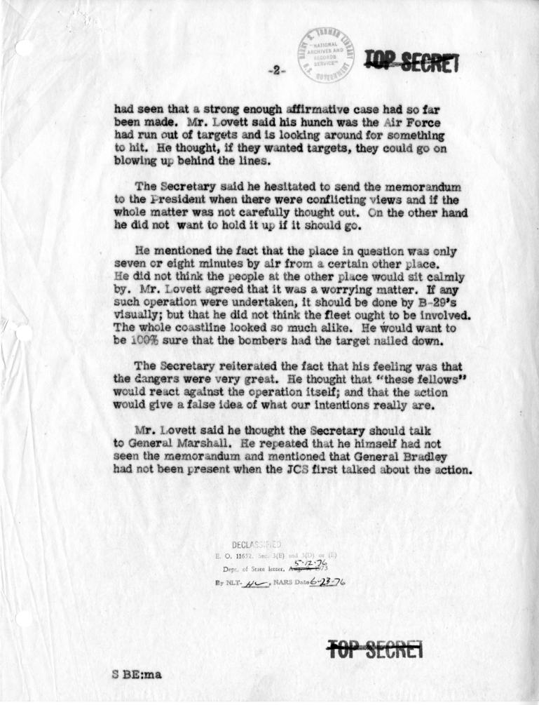 Memorandum of Telephone Conversation with Deputy Secretary of Defense Robert Lovett