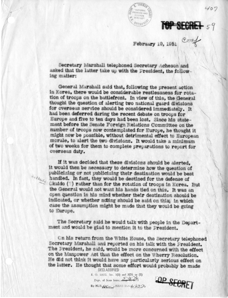 Memorandum of Telephone Conversation with Secretary of Defense General George C. Marshall