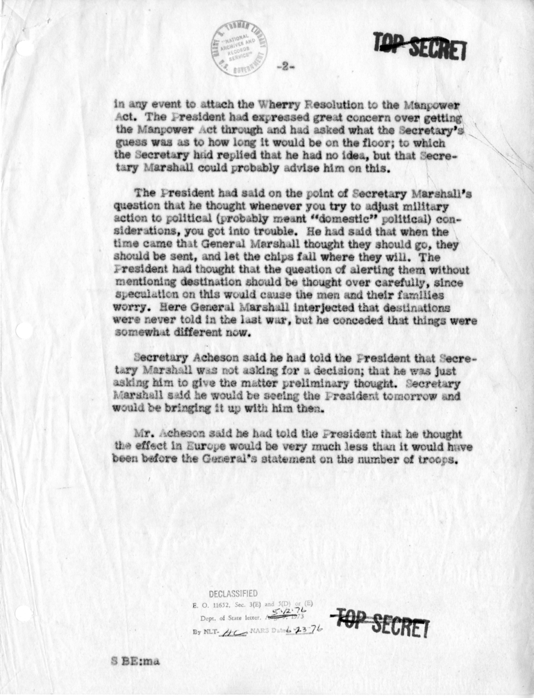 Memorandum of Telephone Conversation with Secretary of Defense General George C. Marshall