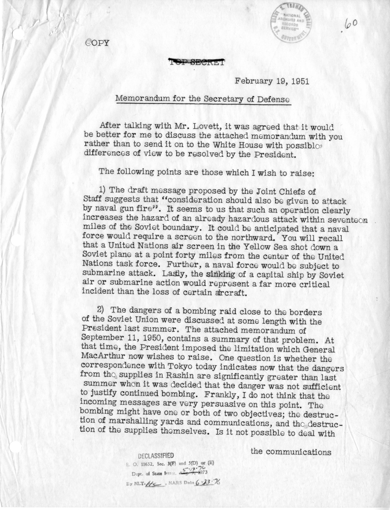 Memorandum from Secretary of State Dean Acheson to Secretary of Defense General George C. Marshall