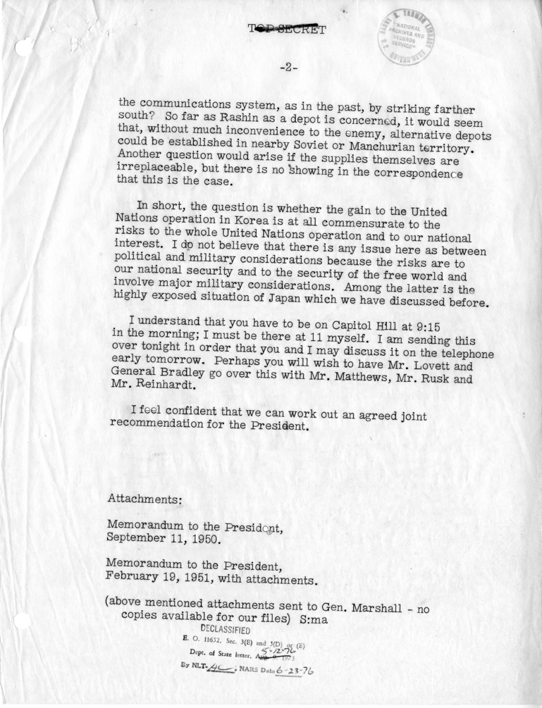 Memorandum from Secretary of State Dean Acheson to Secretary of Defense General George C. Marshall