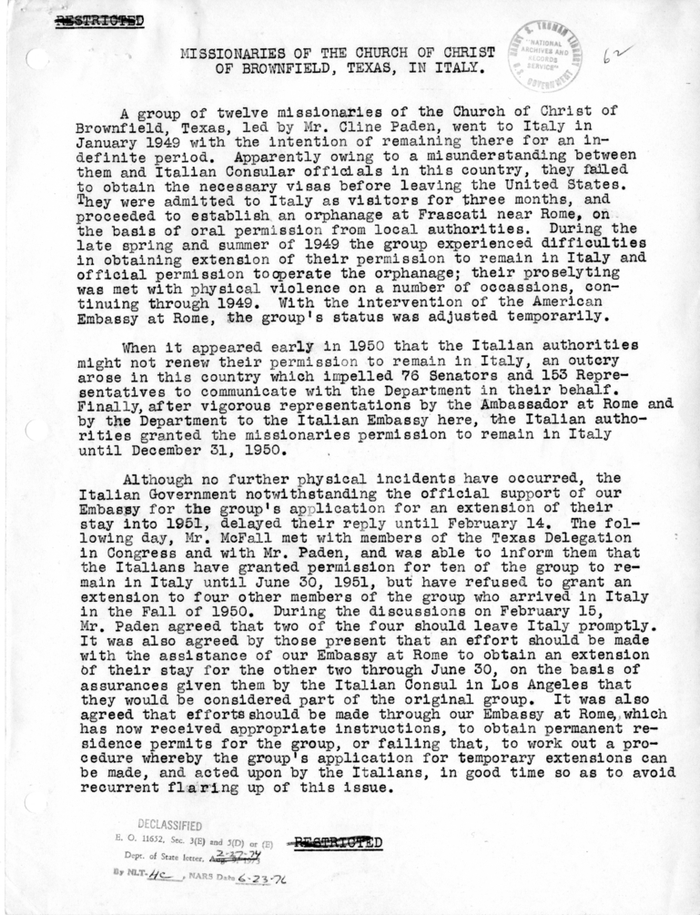 Memorandum Concerning Missionaries of the Church of Christ of Brownfield, Texas, in Italy