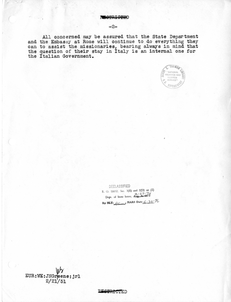 Memorandum Concerning Missionaries of the Church of Christ of Brownfield, Texas, in Italy
