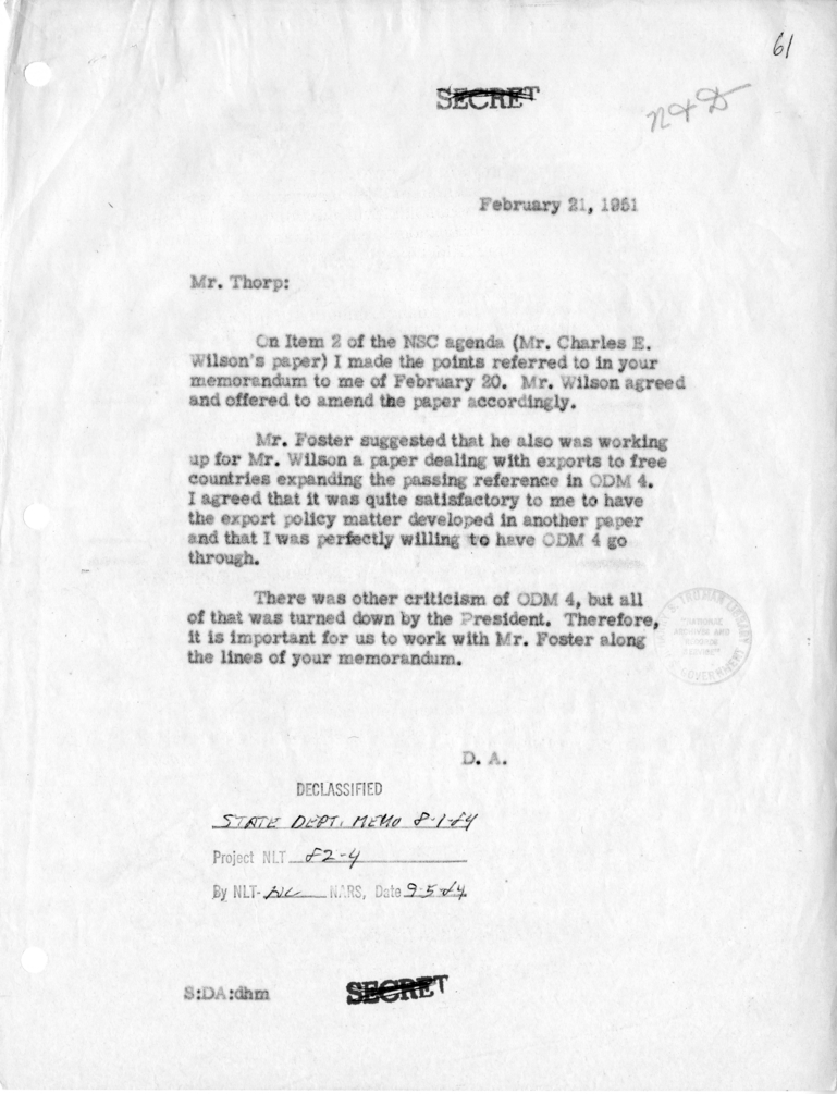 Memorandum from Secretary of State Dean Acheson to Assistant Secretary of State Willard Thorp