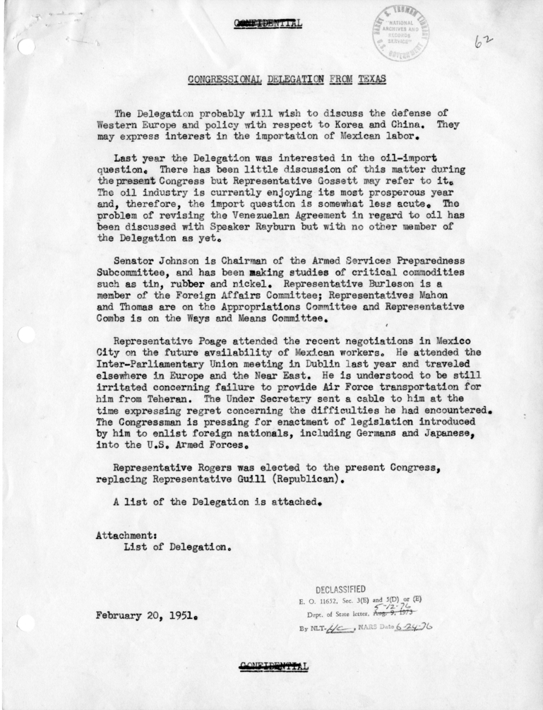 Memorandum Regarding Visit of the Congressional Delegation from Texas