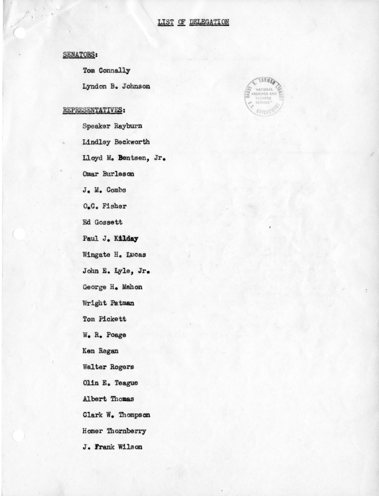 Memorandum Regarding Visit of the Congressional Delegation from Texas