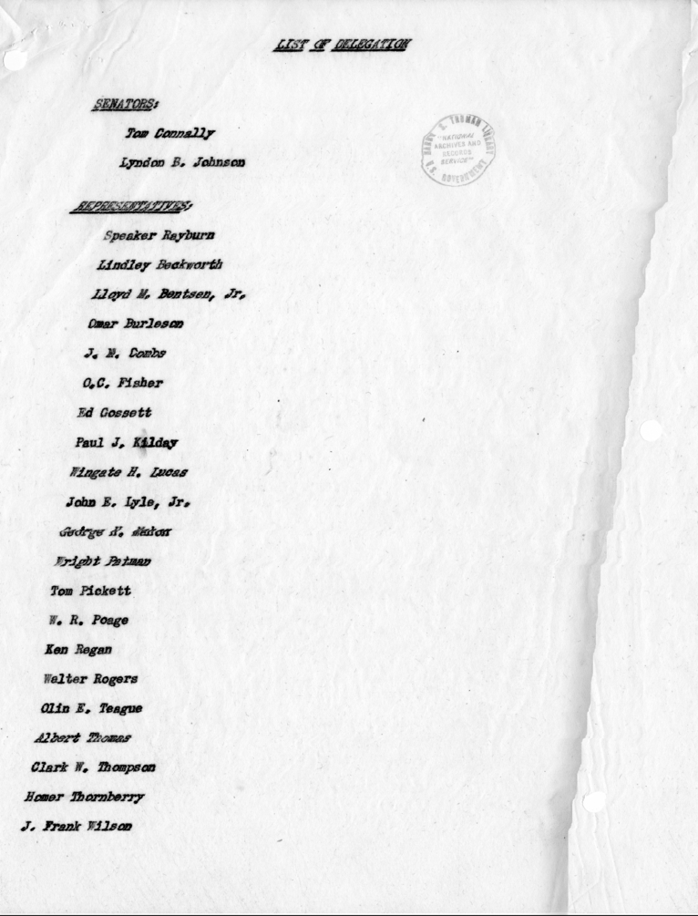 Memorandum Regarding Visit of the Congressional Delegation from Texas