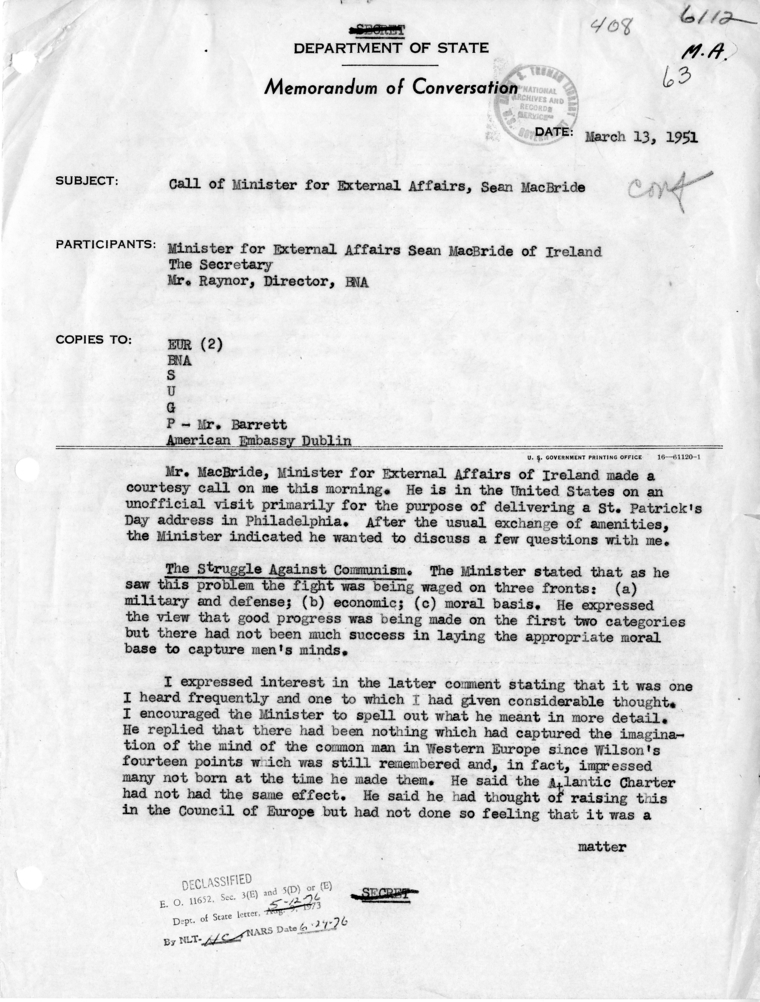 Memorandum of Conversation with Minister for External Affairs Sean McBride of Ireland and G. Hayden Raynor