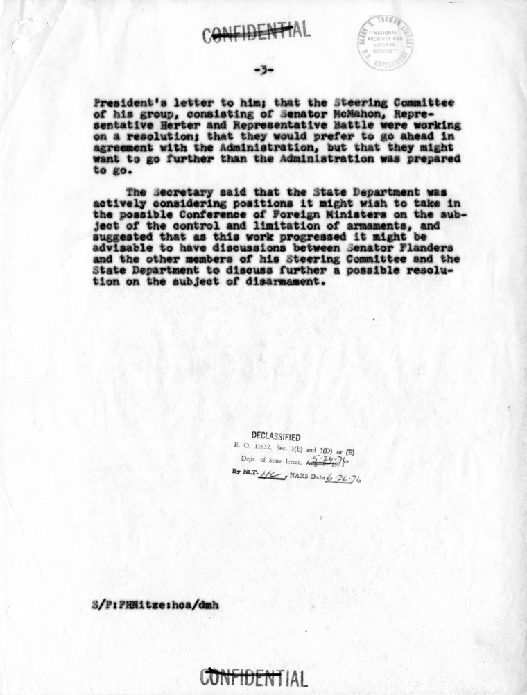 Memorandum of Conversation with Senator Ralph Flanders, Assistant Secretary John Hickerson, and Paul Nitze