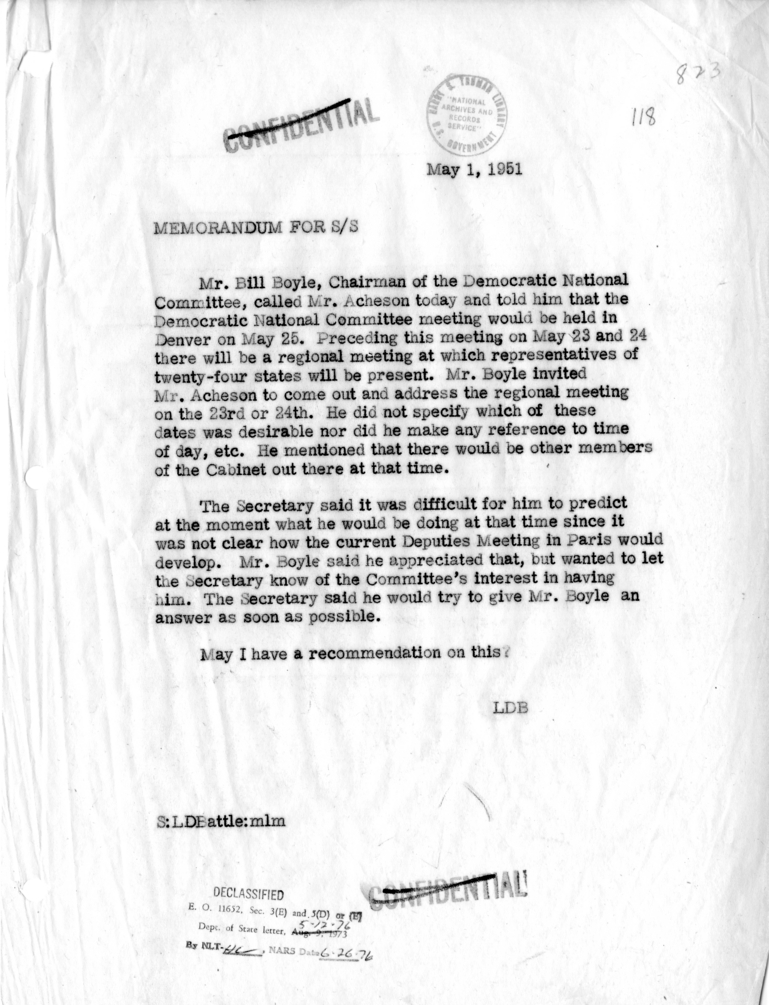 Memorandum of Telephone Conversation with William Boyle, Chairman of the Democratic National Committee