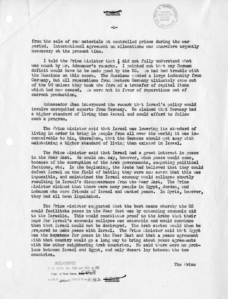 Memorandum of Conversation with Prime Minister David Ben-Gurion and Ambassador Abba Eban of Israel