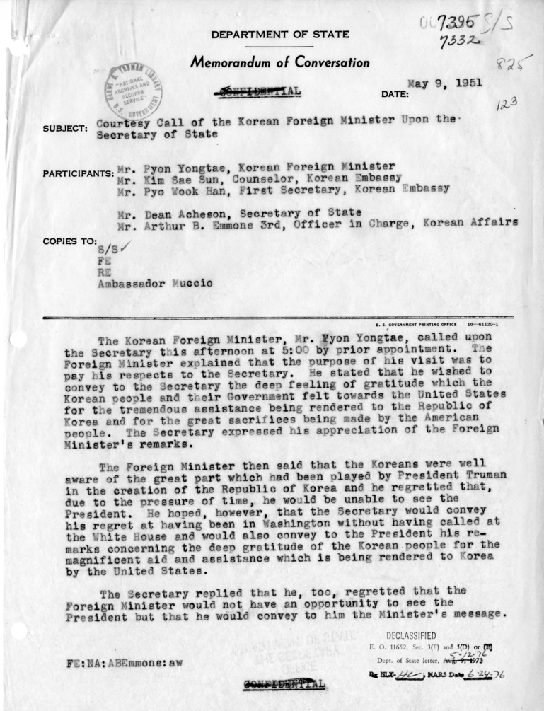 Memorandum of Conversation with Foreign Minister Pyon Yongtae of Korea, Counselor Kim Sae Sun and First Secretary Pyo Wook Han of the Embassy of Korea, and Arthur B. Emmons III