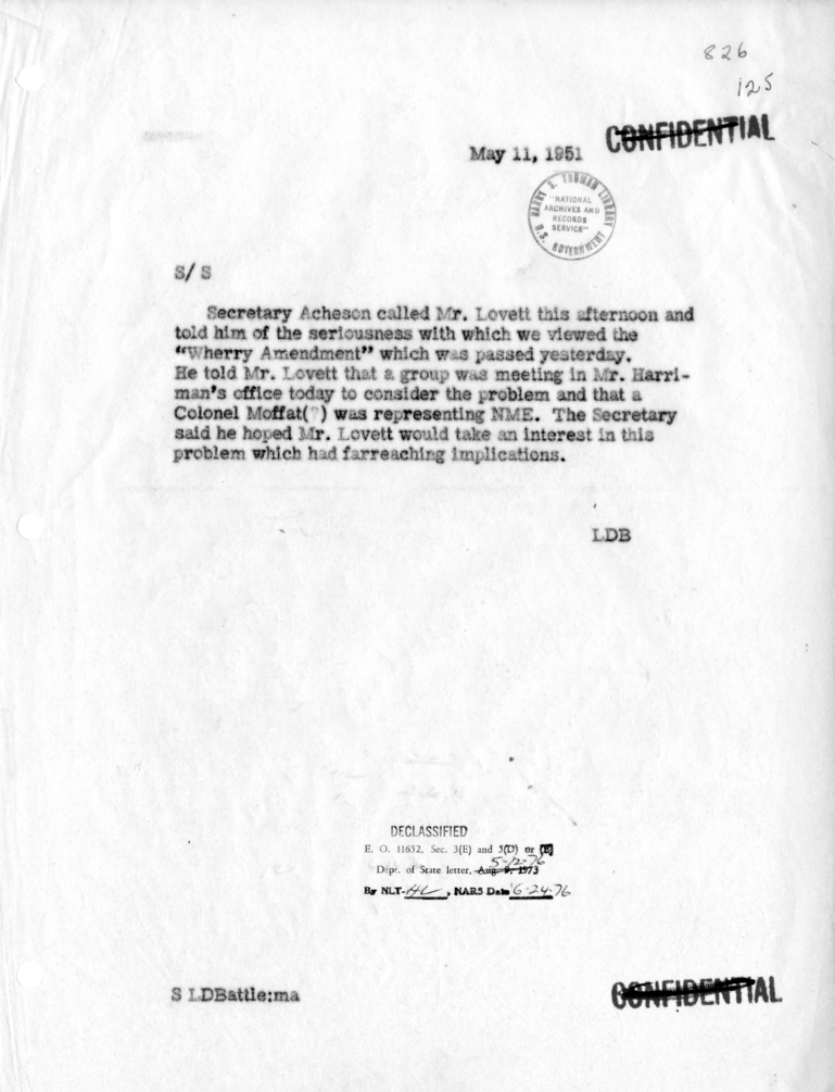 Memorandum of Telephone Conversation with Deputy Secretary of Defense Robert Lovett
